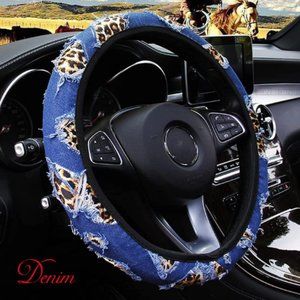 15'' Leopard Print Steering Wheel Cover Denim Fabric Cloth